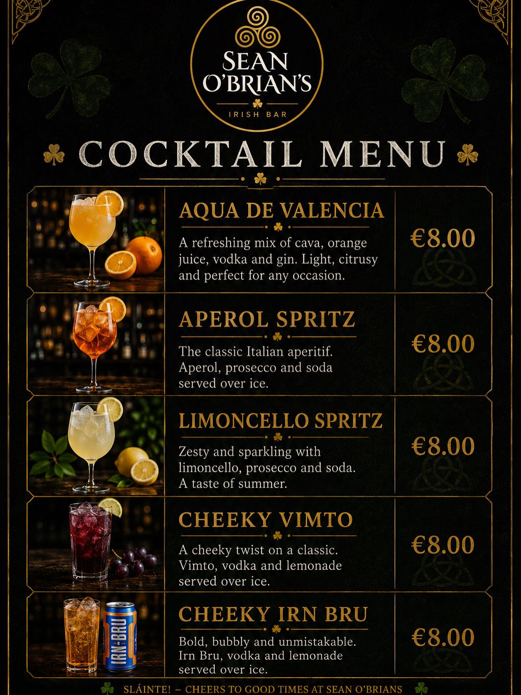 Carta de Cócteles Sean O'Brian's
